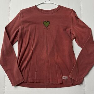 Life is Good Women's Long Sleeve Crusher Tee Red with Green Heart Faded Y2K VTG
